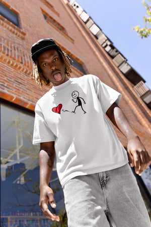 Model wearing No Love Graphic Tee styled with jeans, modern streetwear look with statement graphic design