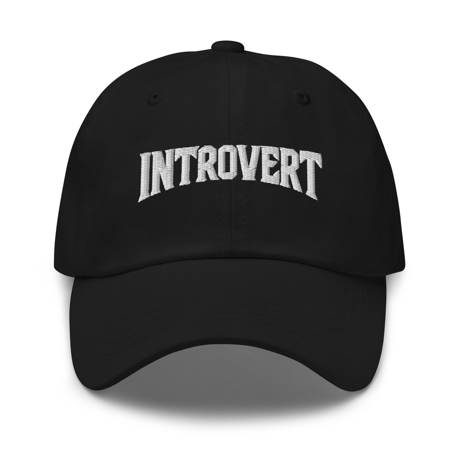 Black dad hat with bold ‘Introvert’ embroidered lettering on the front. 