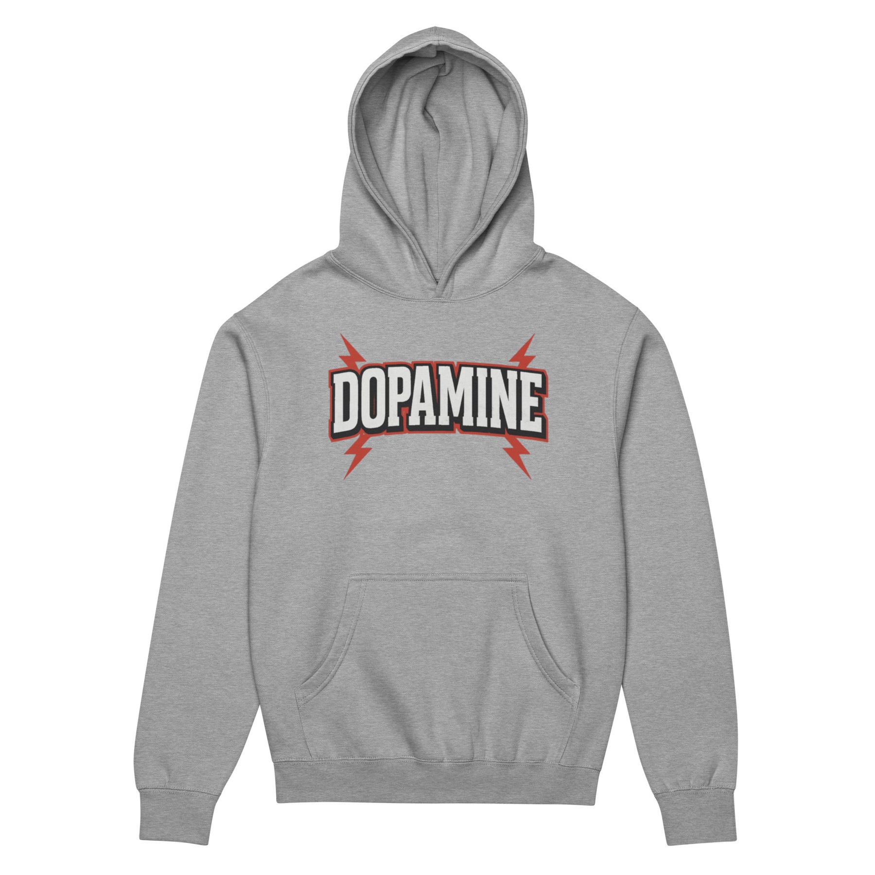 Front view of the Dopamine Pullover showcasing bold typography with lightning bolt graphics across the chest on a gray hoodie, urban streetwear style.