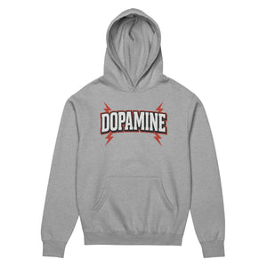 Front view of the Dopamine Pullover showcasing bold typography with lightning bolt graphics across the chest on a gray hoodie, urban streetwear style.