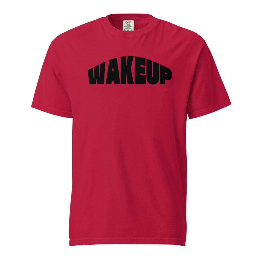 Unisex red Wake Up Statement Tee featuring bold black typography, inspirational streetwear graphic T-shirt.